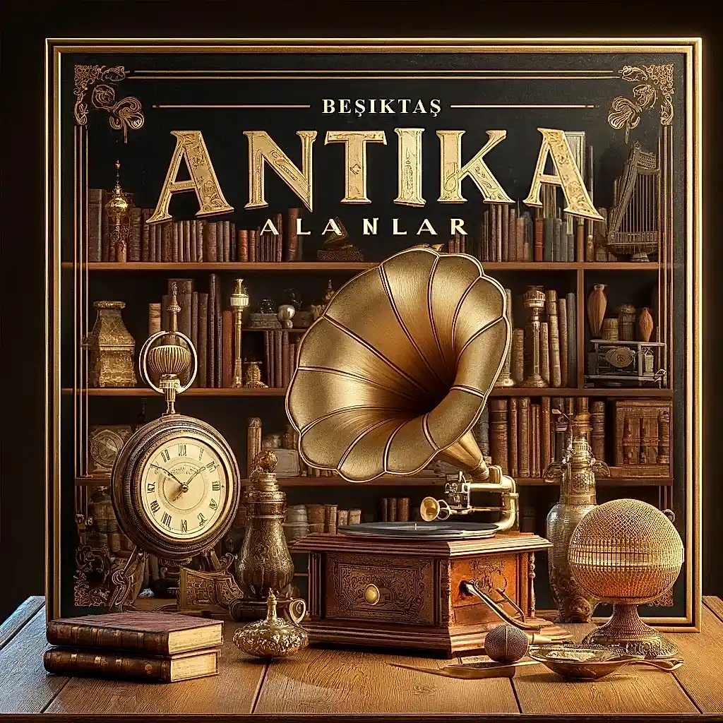 beşiktaş antika alanlar, gramofon, massa saati, kitap ve vazo toplu görsel